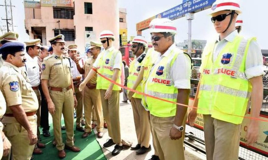 Commissioner of Police V.B. Kamalasan Reddy showing the newly-acquired set of mannequins for traffic police in Karimnagar town.